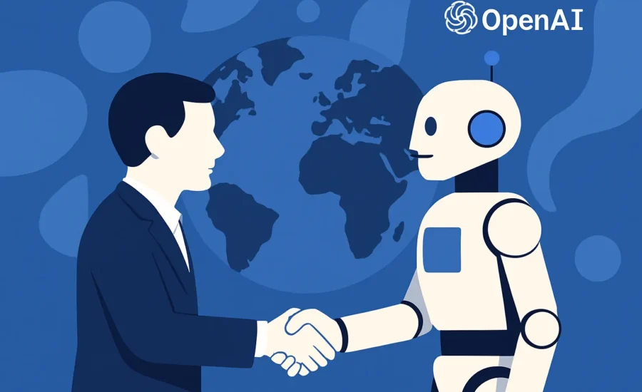 Ilustrácia spolupráce človeka a robota, symbolizujúca partnerstvo krajín s OpenAI