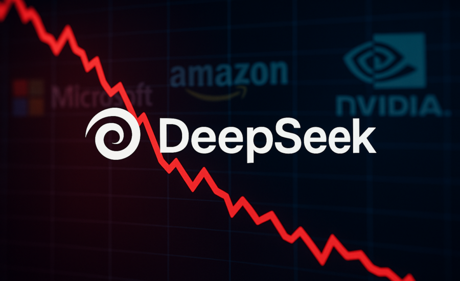 Logo DeepSeek s prudko klesajúcim červeným grafom akciového trhu, v pozadí rozmazané logá Microsoftu, Amazonu a Nvidie.