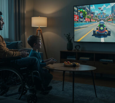 Ochrnutý muž v invalidnom vozíku hrá videohru Mario Kart so synom pomocou mozgového rozhrania a umelej inteligencie
