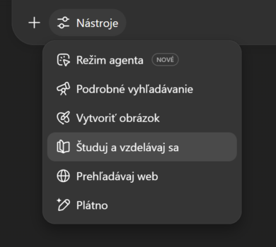 Screenshot rozhrania ChatGPT s vybranou možnosťou „Študuj a vzdelávaj sa“ (Study Mode) – nová funkcia pre aktívne učenie s AI.
