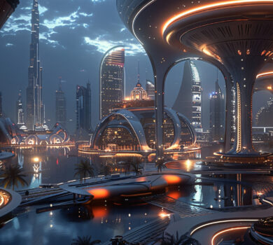 Futuristický pohľad na nočný Dubaj s modernými vežami, svetelnými prvkami a inteligentnou infraštruktúrou nad vodnou hladinou. Spýtať sa modelu ChatGPT