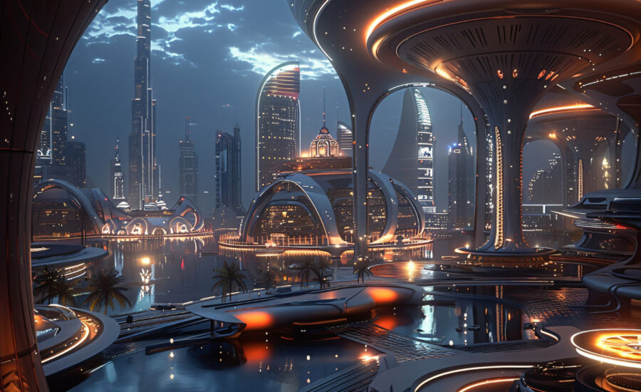 Futuristický pohľad na nočný Dubaj s modernými vežami, svetelnými prvkami a inteligentnou infraštruktúrou nad vodnou hladinou. Spýtať sa modelu ChatGPT