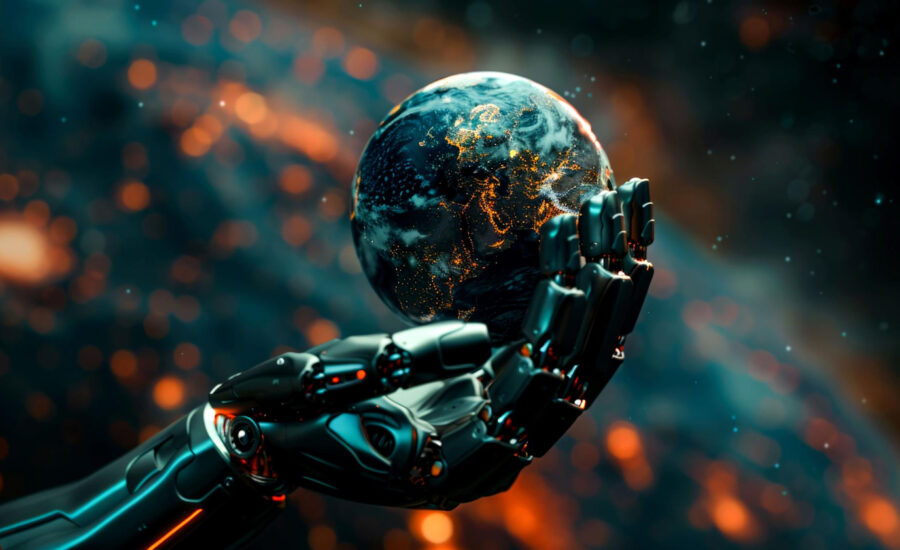 Robotická ruka držiaca planétu Zem s osvetlenými kontinentmi v tmavom futuristickom pozadí