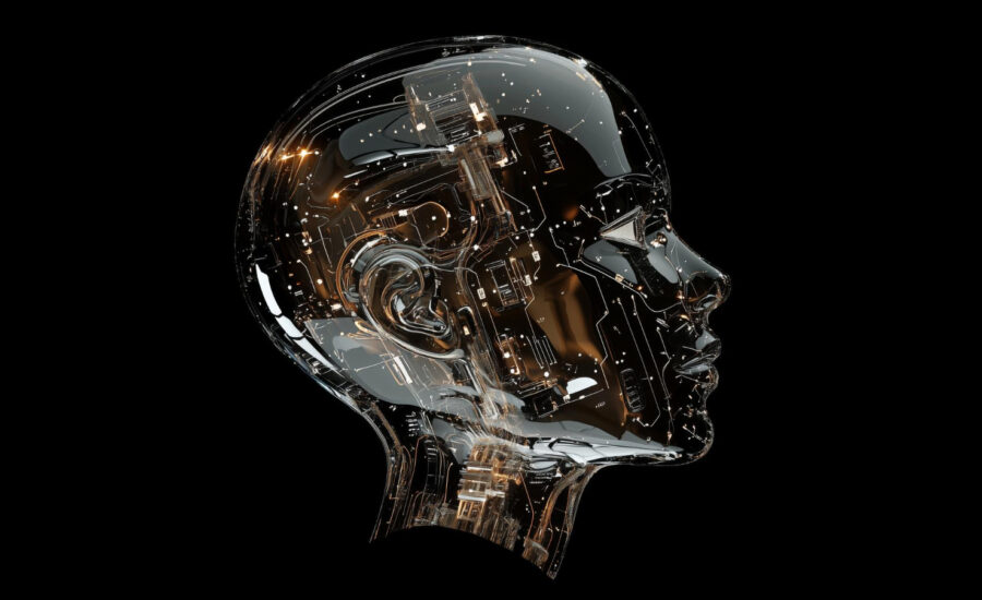 Digitálna realistická hlava s transparentným povrchom a vnútornou štruktúrou pripomínajúcou elektronické obvody, symbolizujúca umelú inteligenciu.