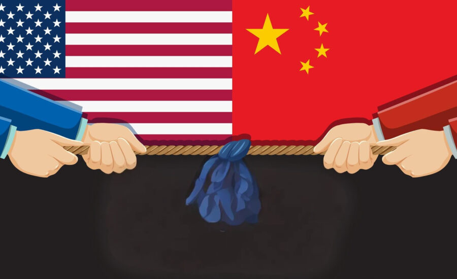 Ilustrácia súboja v preťahovaní lanom medzi USA a Čínou s vlajkami v pozadí, symbolizujúca technologickú rivalitu.