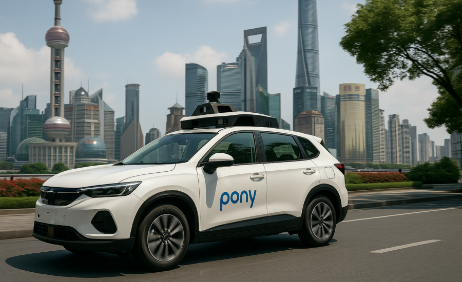 Autonómne vozidlo Pony.ai bez vodiča jazdiace po uliciach Šanghaju, na pozadí ikonické mrakodrapy vrátane Oriental Pearl Tower.