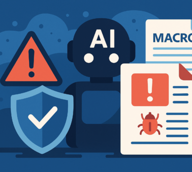 Ilustrácia AI robota obklopeného varovnými symbolmi, dokumentmi so škodlivými makrami a bezpečnostným štítom – znázorňuje riziká prompt injection útokov cez textové súbory.