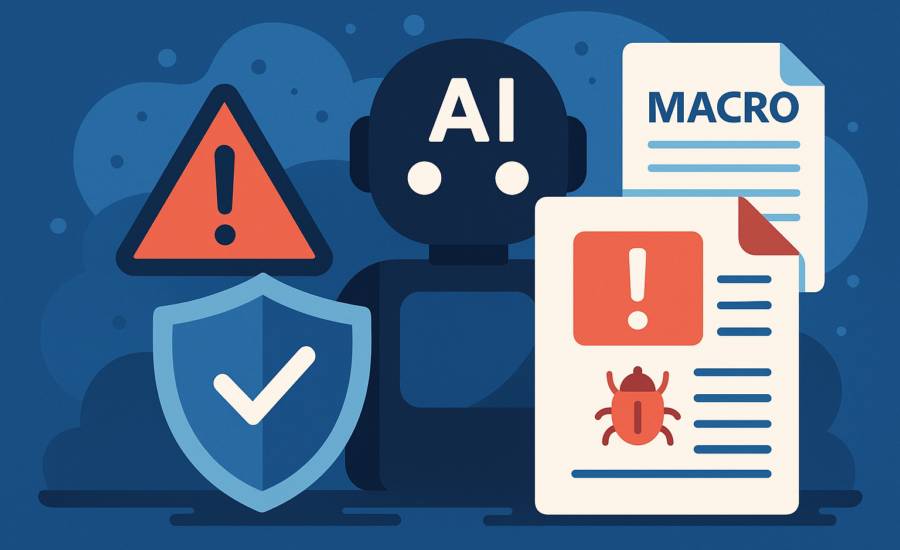 Ilustrácia AI robota obklopeného varovnými symbolmi, dokumentmi so škodlivými makrami a bezpečnostným štítom – znázorňuje riziká prompt injection útokov cez textové súbory.