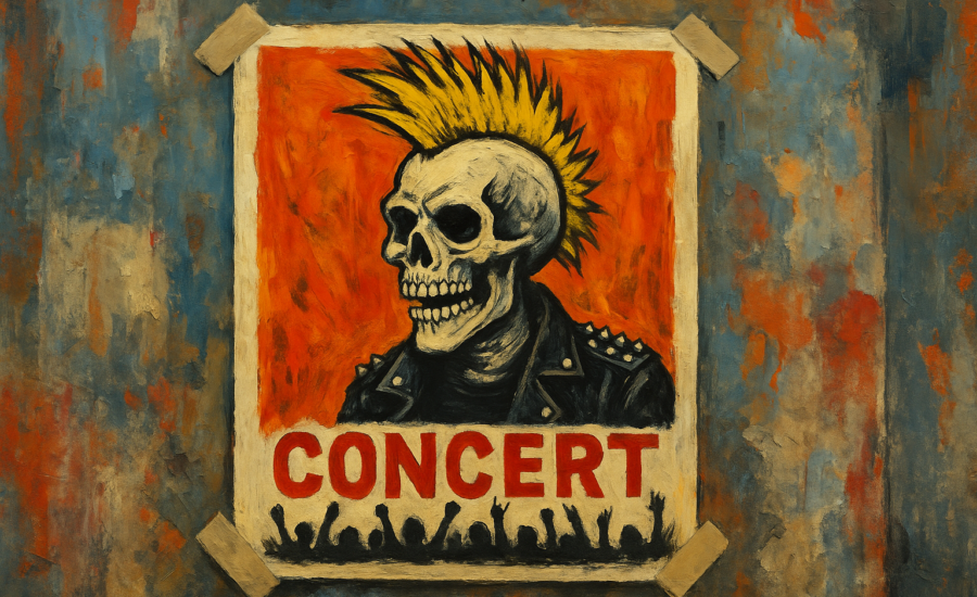 AI-plagát koncertu s lebkou v punkovej bunde a žltým mohawkom na červenom pozadí, prilepený páskami na ošarpanej stene.