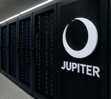 Rada čiernych serverových rackov v dátovom centre so žiarivými modrými svetlami a logom JUPITER vpravo.