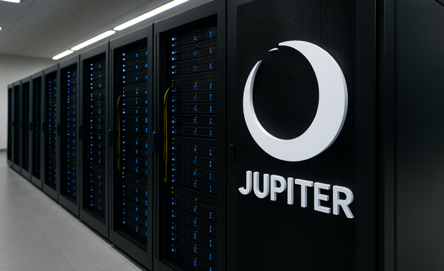 Rada čiernych serverových rackov v dátovom centre so žiarivými modrými svetlami a logom JUPITER vpravo.