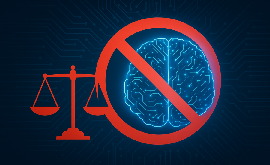 Ilustrácia zobrazujúca digitálny mozog s neurónovou štruktúrou preškrtnutý červeným zákazovým symbolom, vedľa ktorého sú červené váhy spravodlivosti na tmavomodrom pozadí s motívom obvodov.