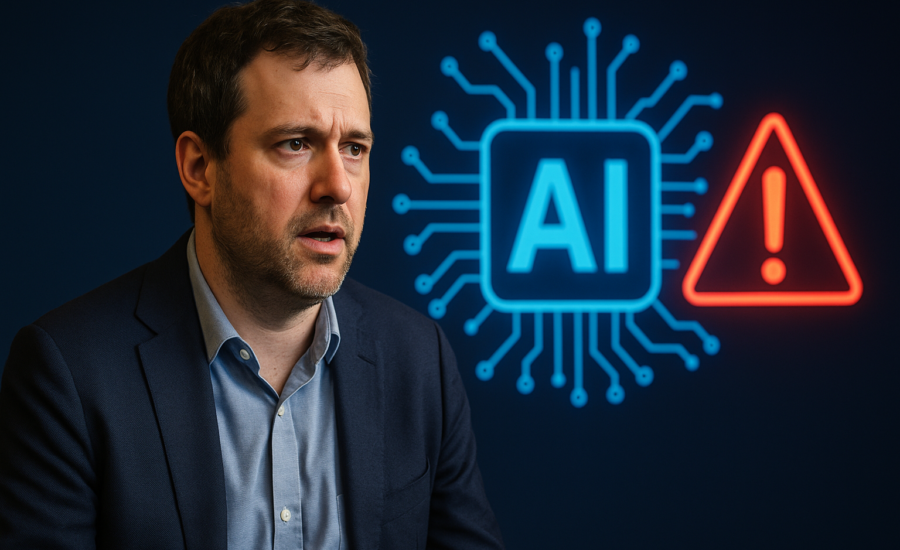 Muž v obleku s vážnym výrazom sedí pred tmavým pozadím so svietiacim AI symbolom a výstražnou ikonou, ktoré vizuálne naznačujú riziká spojené s umelou inteligenciou.