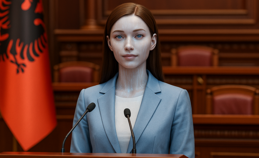 Virtuálna žena s jemnými črtami, pripomínajúca humanoidného avatara, stojí za rečníckym pultom v parlamentnej sále s albánskou vlajkou v pozadí.