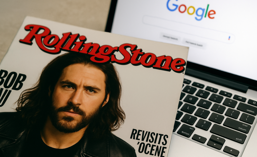 Magazín Rolling Stone leží na klávesnici otvoreného notebooku, na ktorého obrazovke je zobrazená domovská stránka Google.