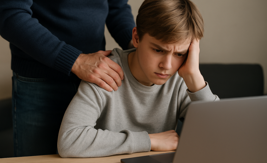 Otec stojí pri tínedžerovi, ktorý so znepokojeným výrazom sleduje obrazovku notebooku. Ruka otca spočíva na pleci syna v geste podpory.