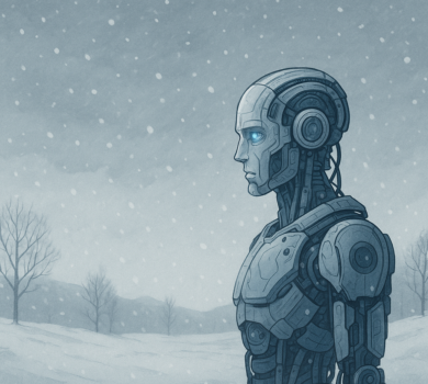 Humanoidný robot stojí osamelo v zasneženej zimnej krajine s holými stromami v pozadí. Smeruje pohľad do diaľky, vnímaný chlad a izolácia.