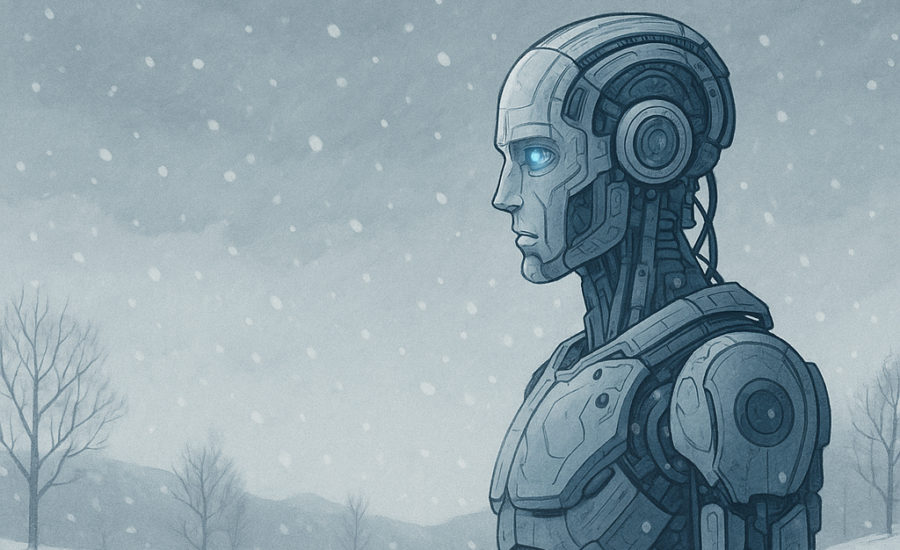 Humanoidný robot stojí osamelo v zasneženej zimnej krajine s holými stromami v pozadí. Smeruje pohľad do diaľky, vnímaný chlad a izolácia.