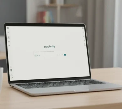Laptop so zobrazenou stránkou Perplexity – AI vyhľadávač a asistent, ktorý je dostupný vo verzii Perplexity Pro.