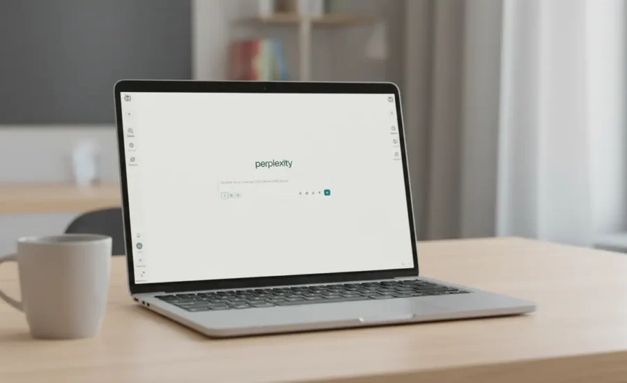 Laptop so zobrazenou stránkou Perplexity – AI vyhľadávač a asistent, ktorý je dostupný vo verzii Perplexity Pro.
