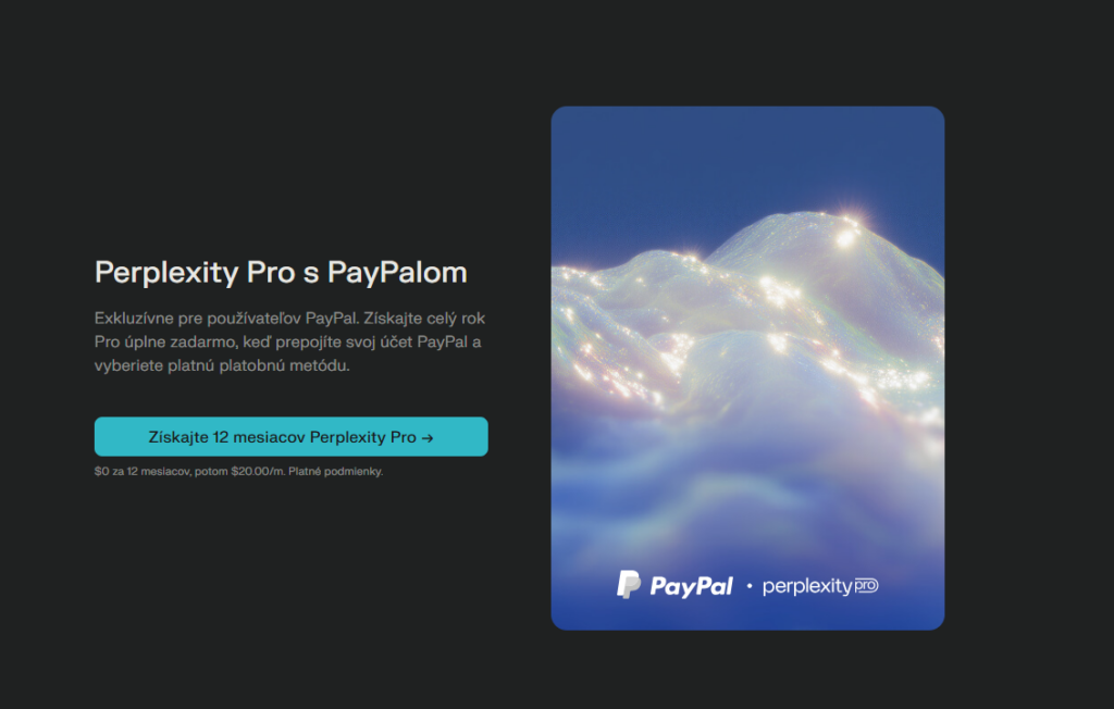 Propagačný obrázok Perplexity Pro s PayPal – ponuka na 12 mesiacov zadarmo.