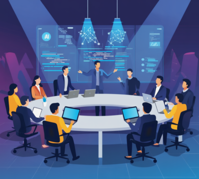 Ilustrácia firemného školenia AI Developer kurzu, kde zamestnanci s notebookmi pracujú v tíme a lektor prezentuje princípy umelej inteligencie na digitálnej obrazovke.