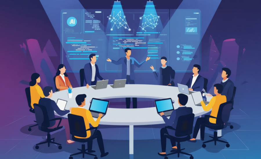 Ilustrácia firemného školenia AI Developer kurzu, kde zamestnanci s notebookmi pracujú v tíme a lektor prezentuje princípy umelej inteligencie na digitálnej obrazovke.