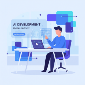 Ilustrácia mladého AI developera pri programovaní s umelou inteligenciou na kurze AI Developer od Slovensko.ai