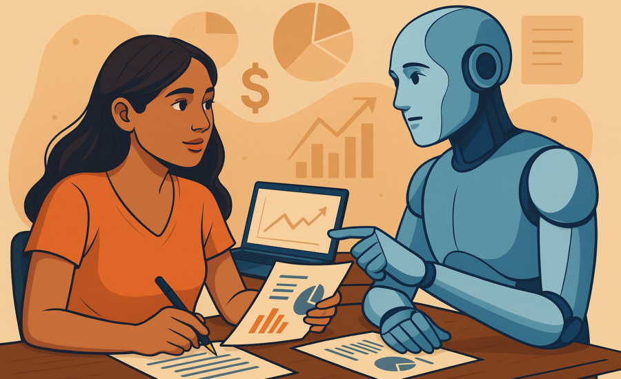 Mladá žena sedí pri stole a konzultuje finančné dokumenty s humanoidným modrým robotom. Na stole sú papiere s grafmi a otvorený notebook so stúpajúcim grafom. Pozadie je zdobené symbolmi ako dolárový znak, výsečové a stĺpcové grafy.