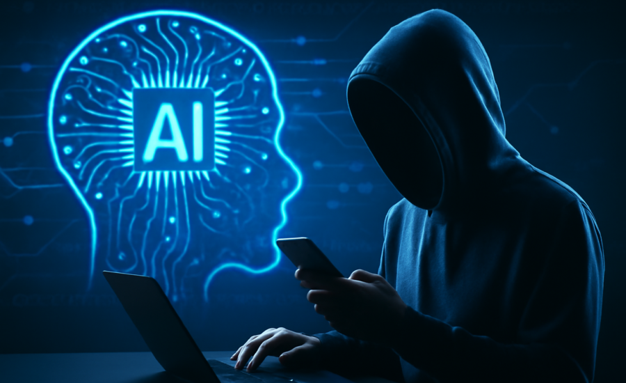 Hacker v kapucni pracuje na notebooku a telefóne, v pozadí svieti digitálny obrys ľudskej hlavy so svietiacim nápisom "AI", symbolizujúci prepojenie umelej inteligencie a kyberútokov.