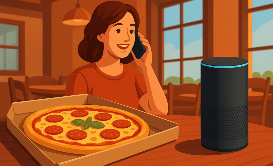 Žena sedí v reštaurácii pri stole s pizzou a telefonuje, vedľa nej je položený hlasový asistent – znázornenie objednávania jedla pomocou AI hlasového operátora.