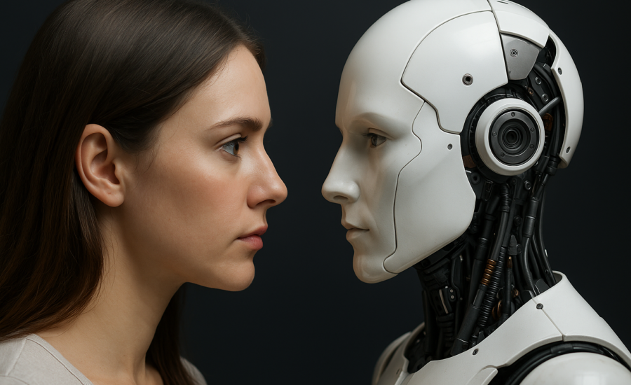 Mladá žena a humanoidný robot stoja oproti sebe z profilu, ich tváre sú veľmi podobné a detailne nasvietené, čím sa zvýrazňuje podobnosť medzi človekom a strojom.