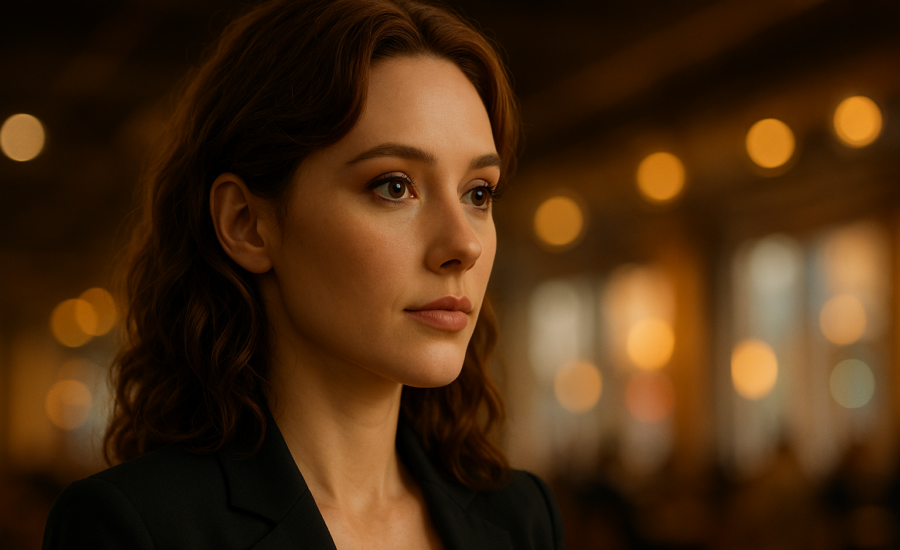 Digitálne vytvorená žena s jemnými črtami a svetlou pokožkou v profile, obklopená teplým osvetlením pripomínajúcim filmové kulisy alebo umelecké štúdio.