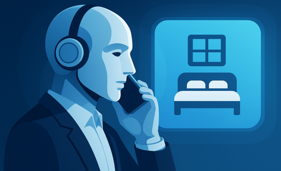 Humanoidný robot s headsetom a telefónom pri uchu komunikuje pri modro podsvietenom displeji so symbolom hotelovej izby.