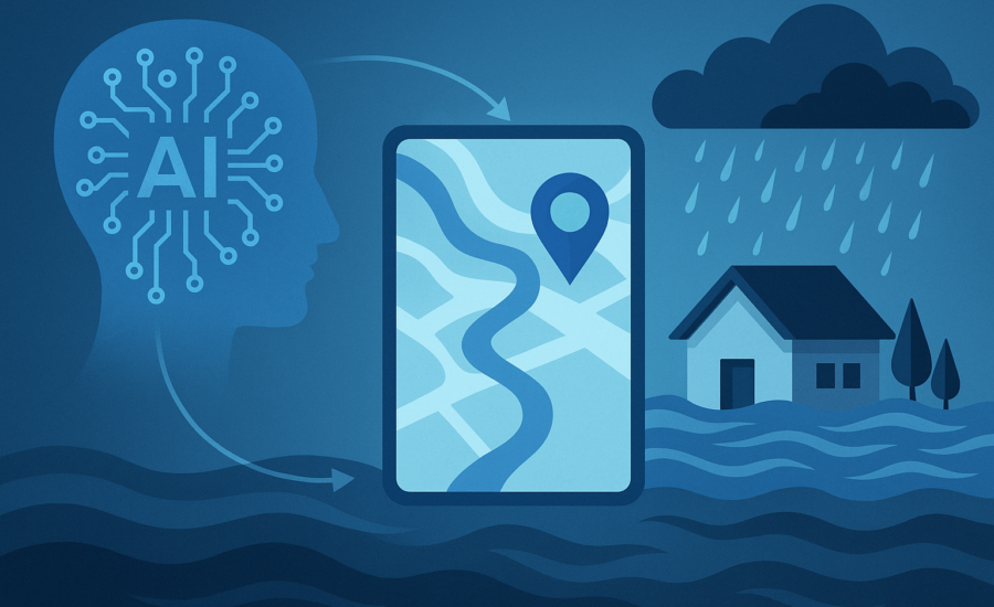 Ilustrácia AI systému analyzujúceho mapu záplav, s ikonou umelej inteligencie, digitálnou mapou a zaplaveným domom pod dažďovými oblakmi.