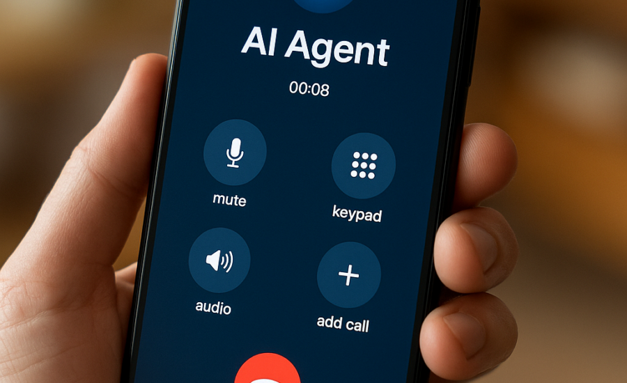 Ruka držiaca moderný smartfón, na ktorého obrazovke prebieha hovor s AI agentom. Na displeji sú viditeľné tlačidlá pre stlmenie, klávesnicu, reproduktor a pridanie hovoru.