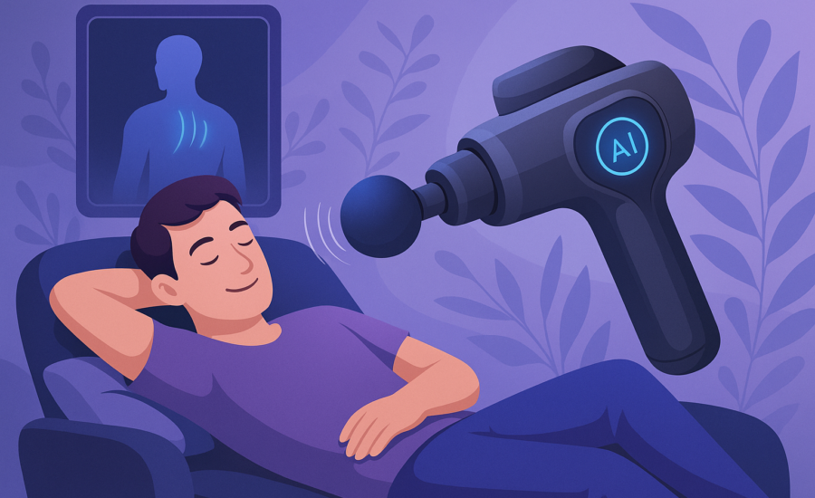 Muž leží pohodlne na kresle, zatvorenými očami si užíva relaxačnú masáž od futuristicky vyzerajúcej AI masážnej pištole. Pozadie je ladené do modrých a fialových tónov s rastlinnými motívmi a obrazovkou znázorňujúcou svalové uvoľnenie.