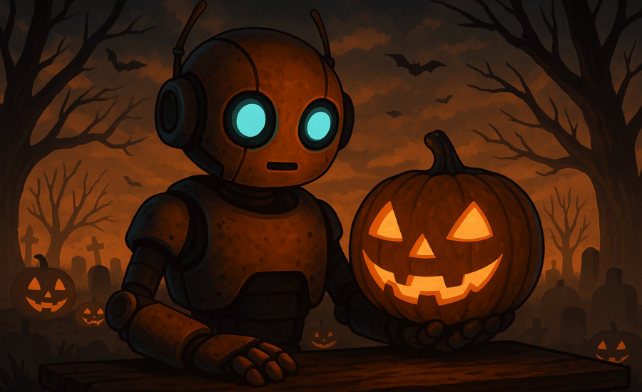 Robot s oranžovým telom a modrými očami drží vyrezávanú tekvicu so sviečkou na stole v halloweenskom prostredí s netopiermi a cintorínom v pozadí.