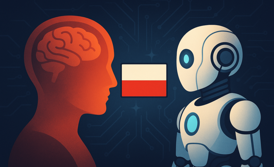 Ilustrácia ľudskej hlavy so zvýrazneným mozgom oproti futuristickému robotovi, medzi ktorými sa nachádza poľská vlajka. Pozadie tvorí tmavý obvodový vzor symbolizujúci technológiu.