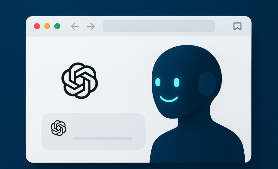 Zjednodušená postava chatbota s úsmevom v prehliadačovom okne vedľa loga OpenAI, na tmavomodrom pozadí.