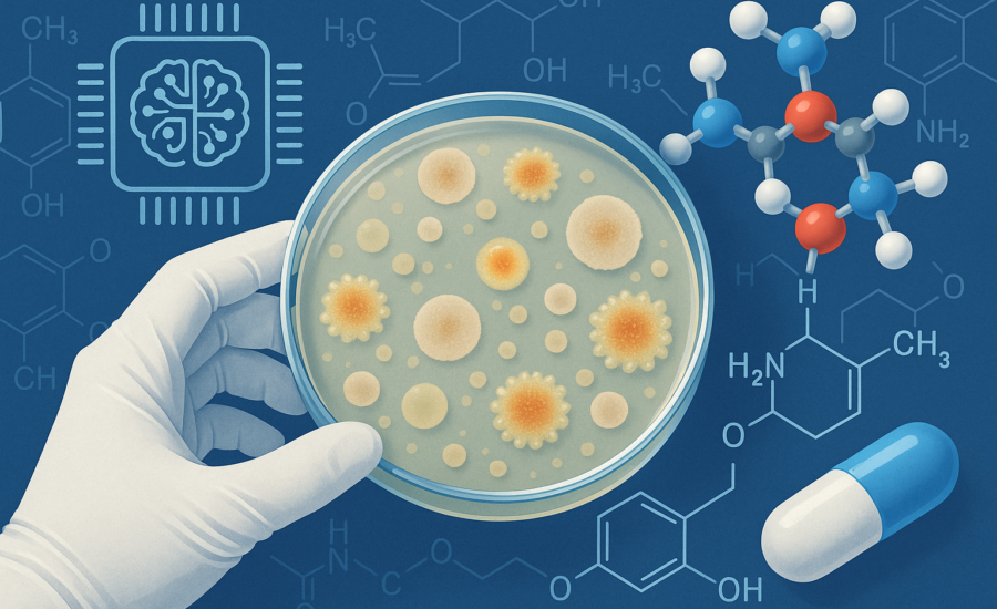 Ruka vedca v rukavici drží Petriho misku s bakteriálnymi kultúrami, obklopenú molekulovým modelom, pilulkou a symbolom umelej inteligencie na modrom pozadí s chemickými vzorcami.