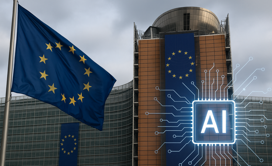 Vlajka Európskej únie veje pred modernou budovou EÚ, na ktorej je digitálne zobrazený AI mikročip, symbolizujúci spojenie Európy a umelej inteligencie.