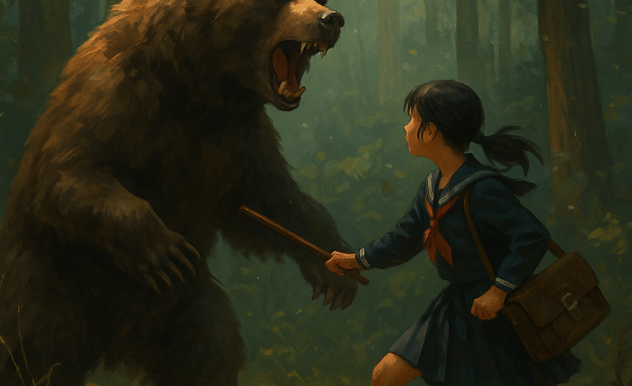 Japonská školáčka v uniforme čelí hrozivo vyzerajúcemu medveďovi v lese. Drží tašku a drevenú paličku, zatiaľ čo medveď stojí na zadných nohách a reve. Scéna pripomína dramatickú situáciu, no pôsobí ako digitálne upravený výjav.