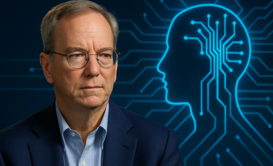 Muž v obleku s okuliarmi premýšľajúco pozerá pred seba, v pozadí svieti digitálny obrys hlavy s obvodmi, symbolizujúci umelú inteligenciu.