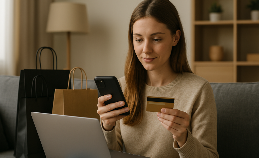 Mladá žena sedí na pohovke s mobilom a kreditnou kartou, nakupuje online cez laptop, vedľa nej sú papierové nákupné tašky.
