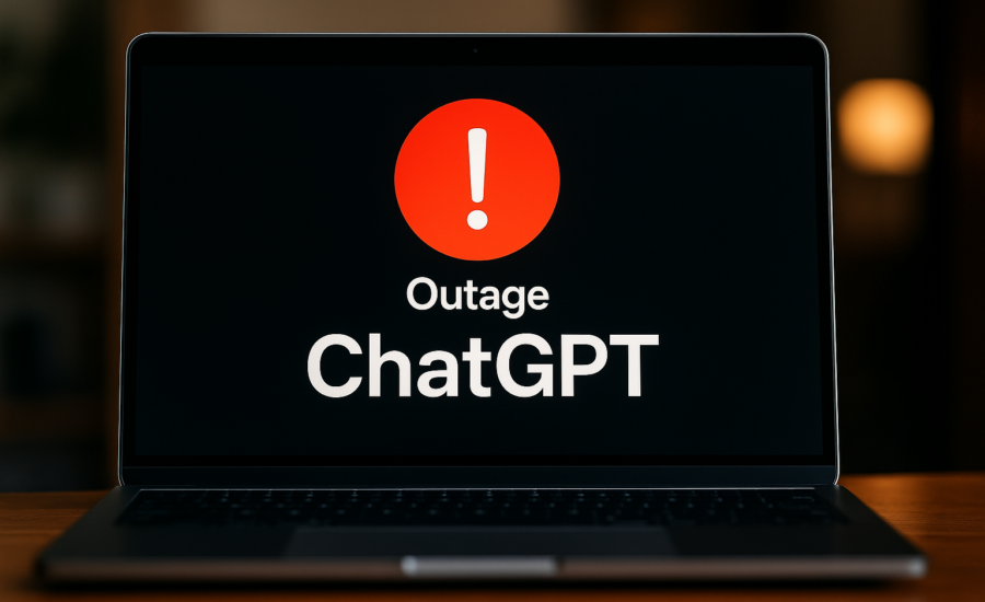 Notebook na stole so zobrazeným výstražným symbolom a nápisom „ChatGPT Outage“, naznačujúcim výpadok AI platformy.