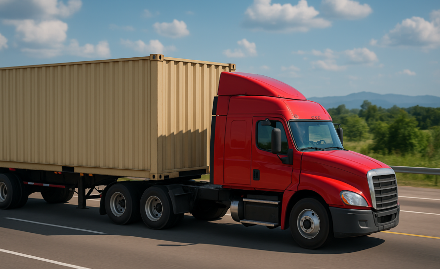 Červený kamión vezie kontajner po diaľnici za slnečného dňa, v pozadí zeleň a hory, symbolizujúc efektívnu cezhraničnú dopravu
