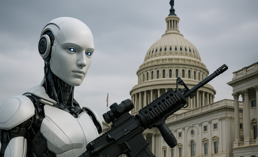 Futuristický robot s modrými očami a útočnou puškou stojí pred budovou amerického Kapitolu pod zamračenou oblohou.
