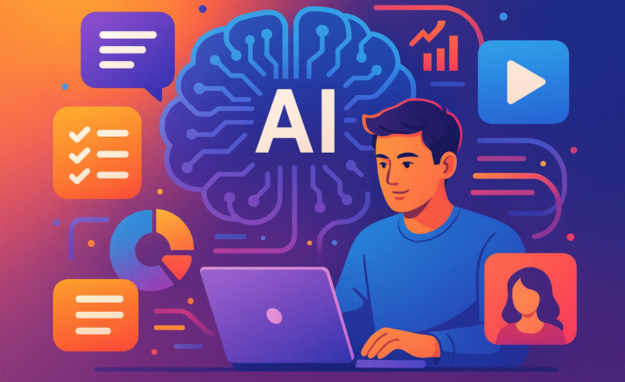 Ilustrácia muža sediaceho pri notebooku, obklopeného digitálnymi ikonami a symbolmi umelej inteligencie s veľkým mozgom v pozadí