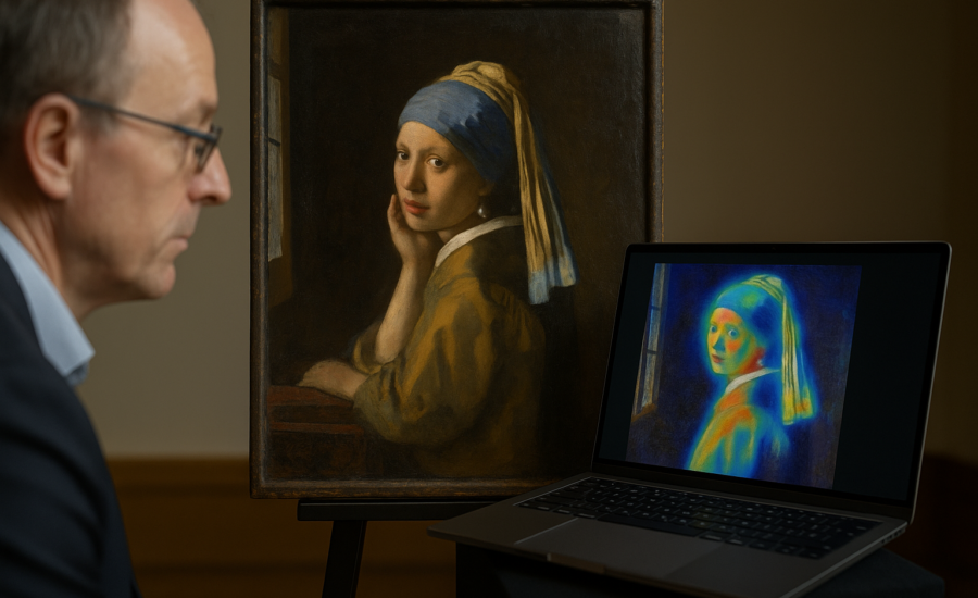 Muž pozoruje klasický obraz ženy s perlou, zatiaľ čo vedľa neho notebook zobrazuje AI teplotnú mapu analyzujúcu rovnaký obraz.